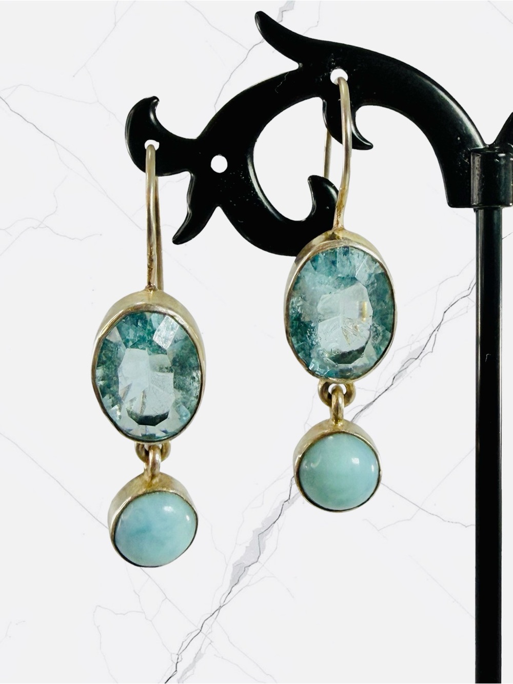 Sterling Silver Light Baby Blue Aqua Crystal Oval Round Dangle Earrings Hook EUC